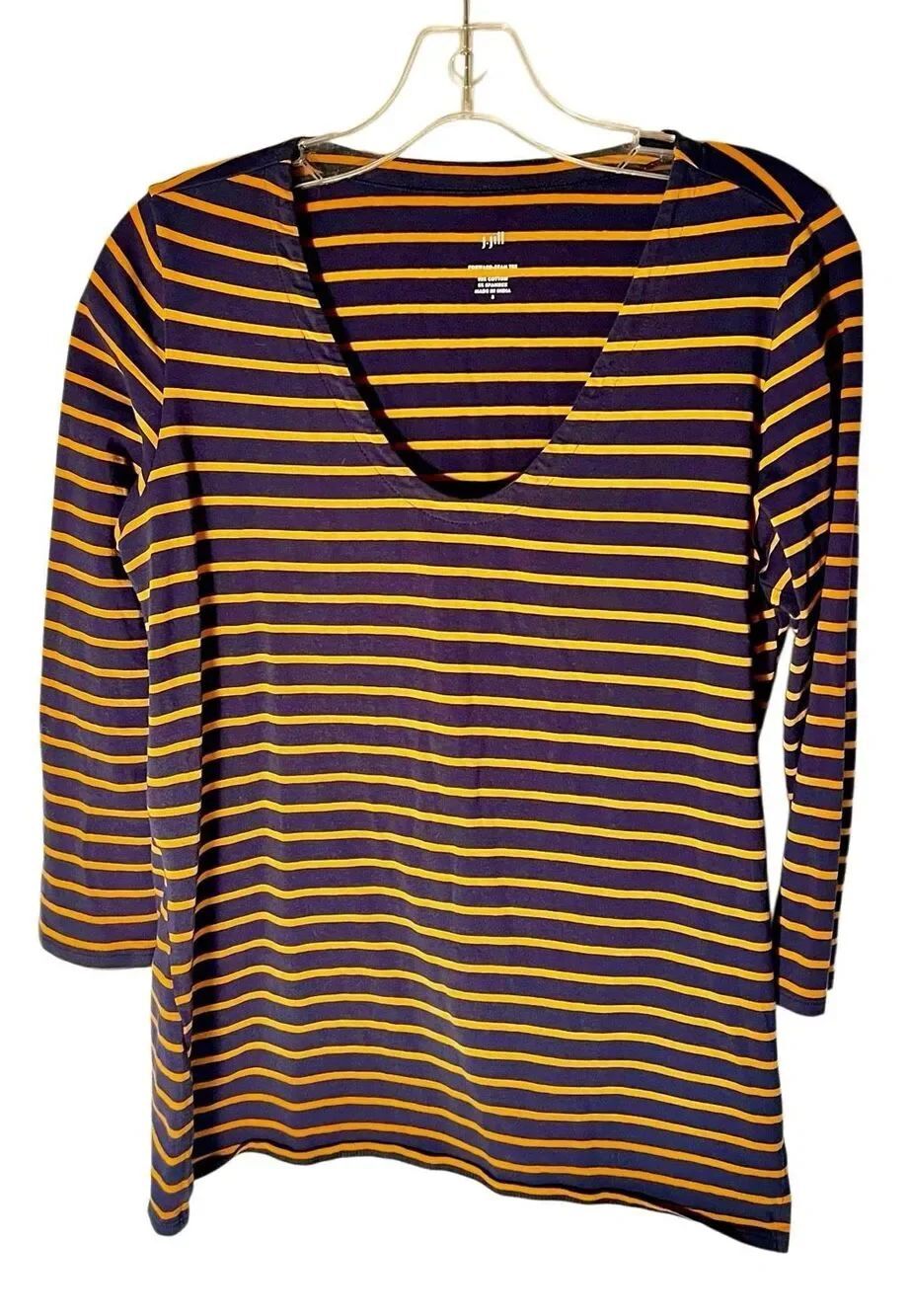 J Jill Top Womens S Black Orange Stripe Cotton Knit Pullover Shirt